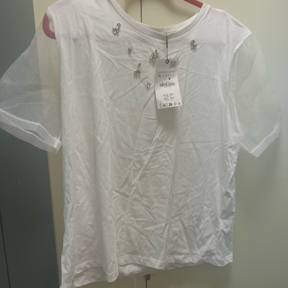 Zara White Short Sleeve Top with Embellishments